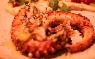 Poulpe grillé, purée de pois chiches à l'orientale, coriandre, grenade